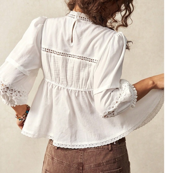 Boho White Lace 3/4 Sleeve Flared Hem Top - Picture 5 of 6